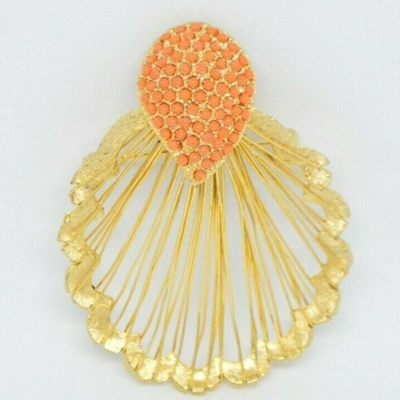Faux Coral Bead Sea Shell Gold Tone Wire Brooch - Picture 1 of 5